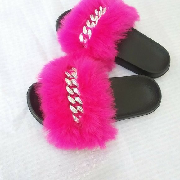 Fuchsia Faux Fur Slides/Slippers/With Chain - Picture 2 of 7